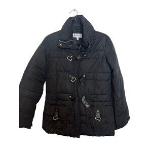 Steve Madden Womens Black Quilted Puffer Jacket With Buckle Accents Size S Styli
